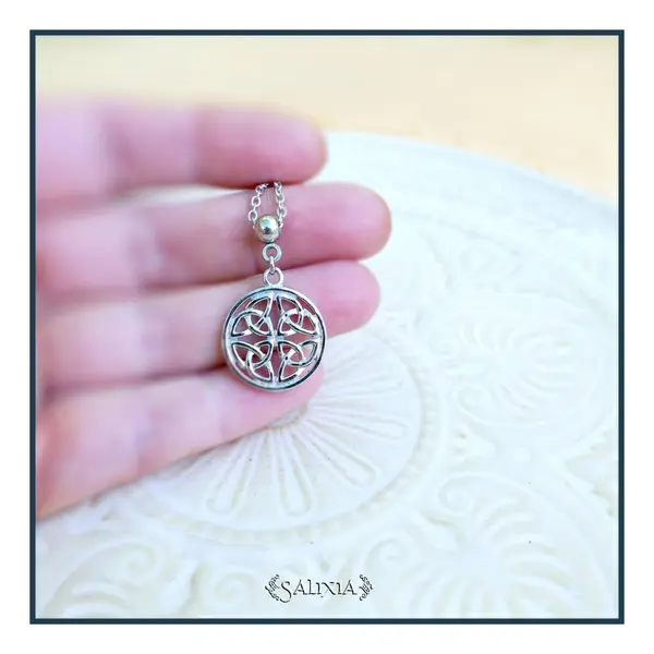 Collier pendentif noeud bouclier celtique porte bonheur talisman chaine et mousqueton entièrement en acier inoxydable (#c424)