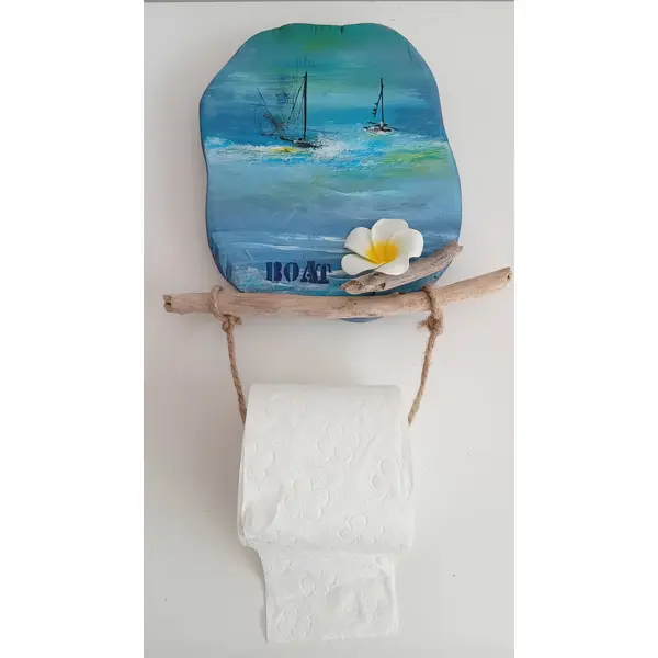 Porte papier toilette marin/exotique (polynésie) avec tronçon de bois peint ( motif voilier)