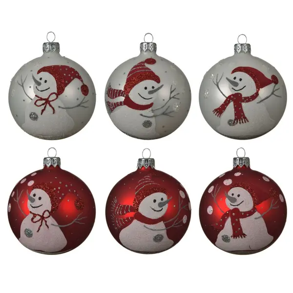 2X3 Boules bonhomme de neige rouges et argentées