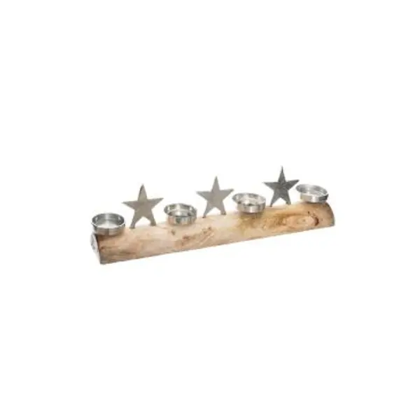 Photophore tronc en bois avec 4 emplacements pour bougies et étoiles en métal - 60 cm