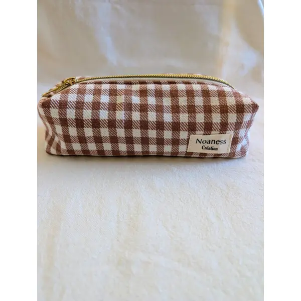 Trousse à crayons en coton vichy marron et beige - trousse de bureau fait main - cadeau femme