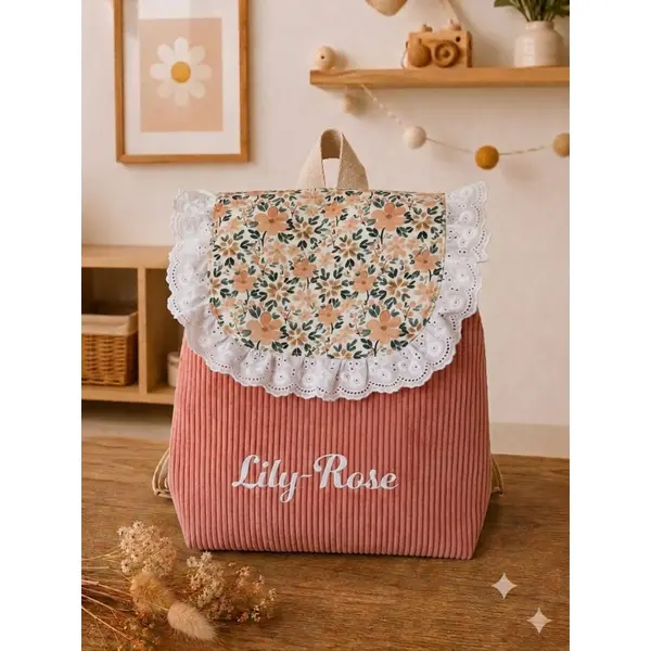 Sac à dos enfant maternelle personnalisé – velours corail & motif floral