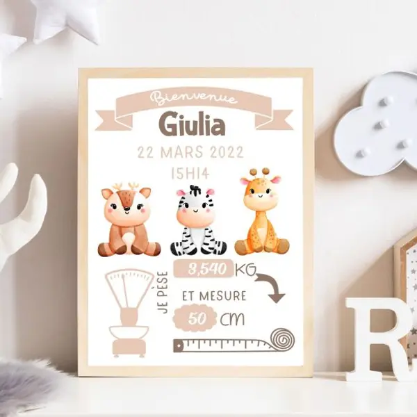 Affiche de naissance personnalisée à encadrer Animaux