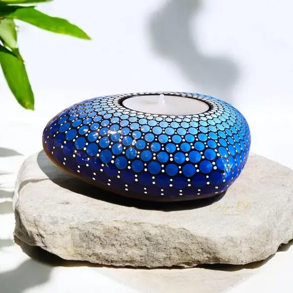 Bougeoir cœur mandala bleu en plâtre résine – peint à la main
