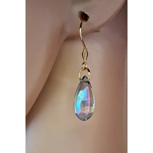 Boucle d'oreille perles en verre transparente, crochet en métal acier inoxydable doré