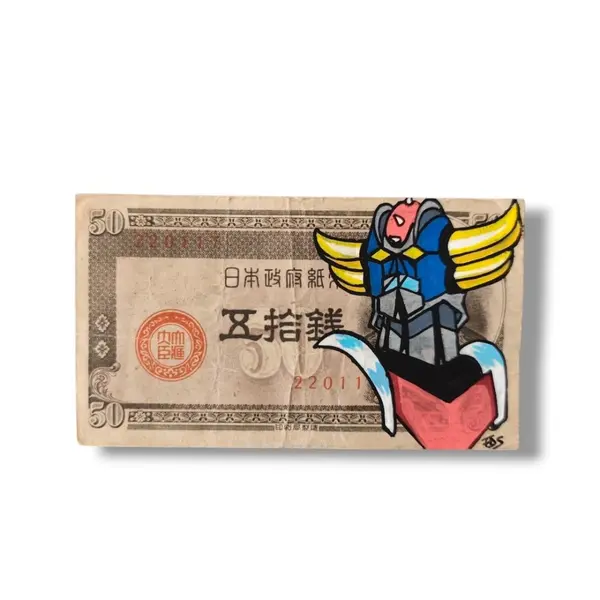 Illustration originale goldorak peint à la main sur billet japonais d'époque - money art