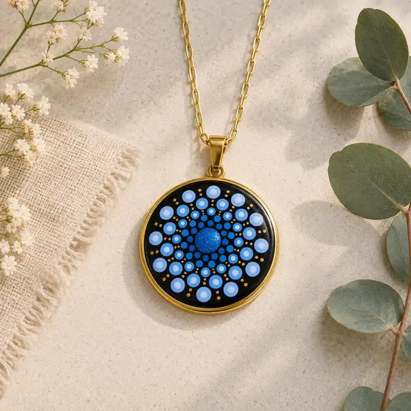 Collier mandala bleu métallisé & doré en acier inoxydable – peint à la main