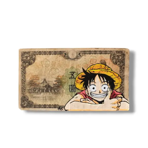 Peinture originale monkey d. luffy one piece sur billet de banque japonais vintage