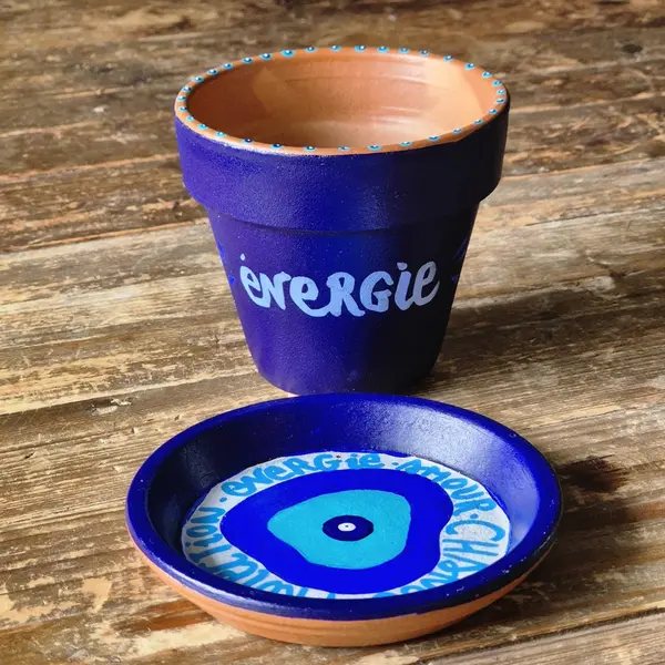 Cache-pot peint à la main - l'oeil bleu