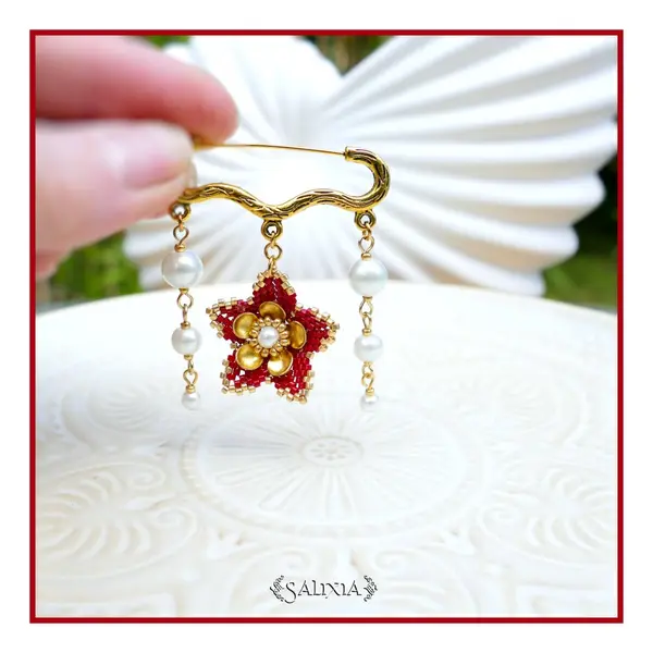 Broche fleur tissée perles japonaises rouges perles nacrées blanches (#br19)