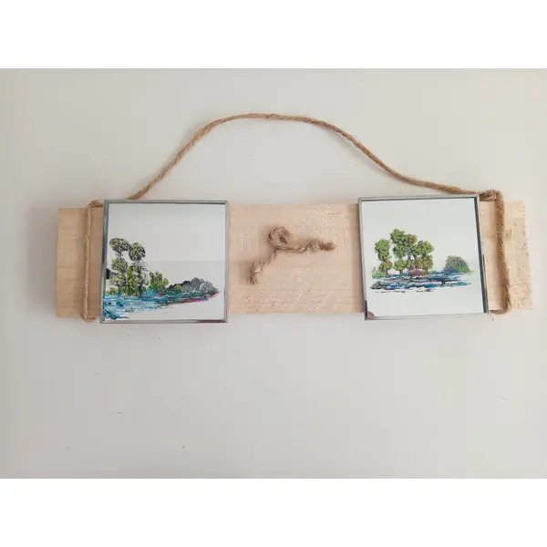Porte clés mural sur panneau en bois avec 2 miroirs peint