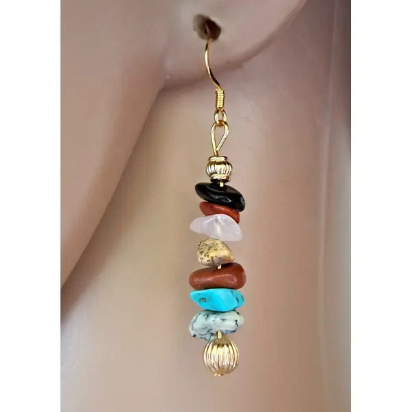 Boucle d'oreille perles en pierre multicolore, crochets en métal acier inoxydable doré