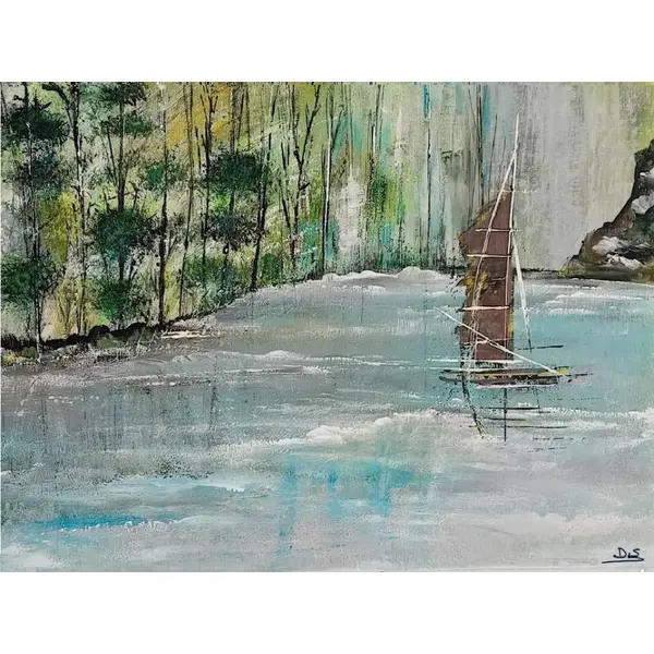 Tableau marin : paysage bord de mer avec voiliers 50x40 cm