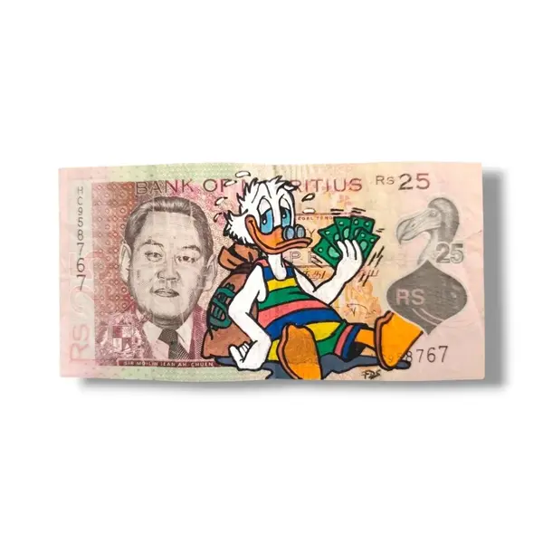 Peinture originale picsou sur authentique billet de l'île maurice - pop art