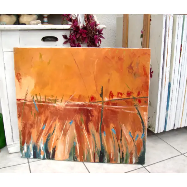 Peinture abstraite au couteau à l'huile sur toile de lin sur châssis : "entre ses rayons"
