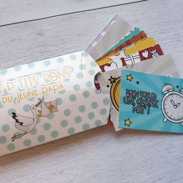 Lot de 12 bons pour jeune papa ou maman - Cadeau original - Boîte à papa