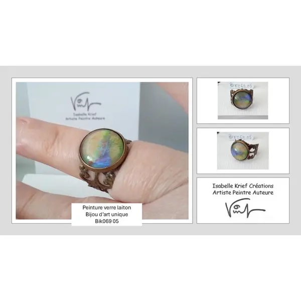 Bague peinture bleu vert or,avec cabochon en verre rond et anneau ajustable art nouveau fleuri,bijou art unique,fait mains en france