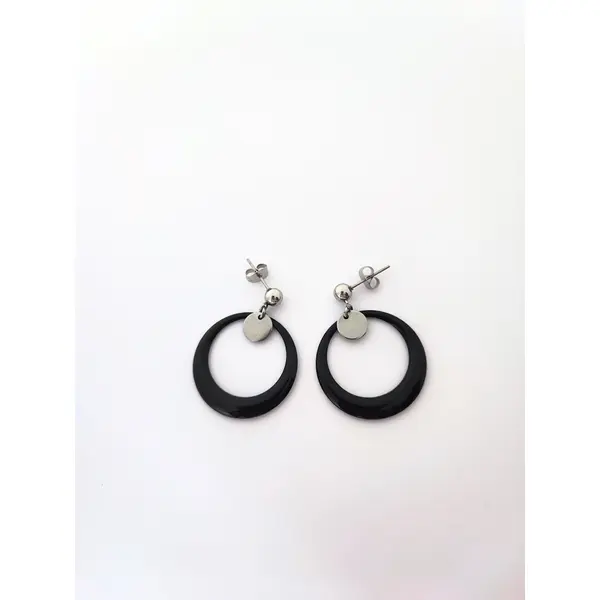 Boucles d’oreilles en acier inoxydable, anneaux émaillés noirs