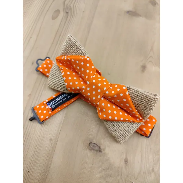 Noeud papillon homme/enfant en coton orange à pois blancs et toile de jute - pochette costume, bts de manchette - accessoires mariage