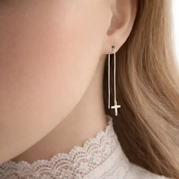 Boucles d’oreilles croix pendantes en argent 925 - boucles d'oreilles traversantes longue chaîne