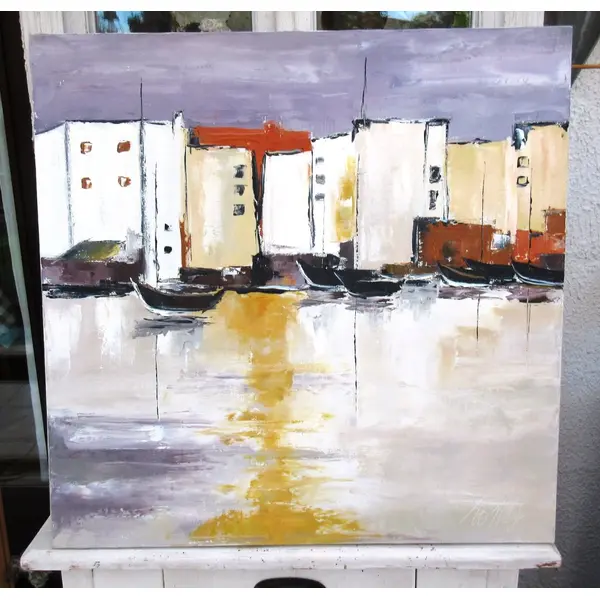 Peinture de marine , dans le midi, huile au couteau sur toile de lin sur châssis... : "port de marseille"