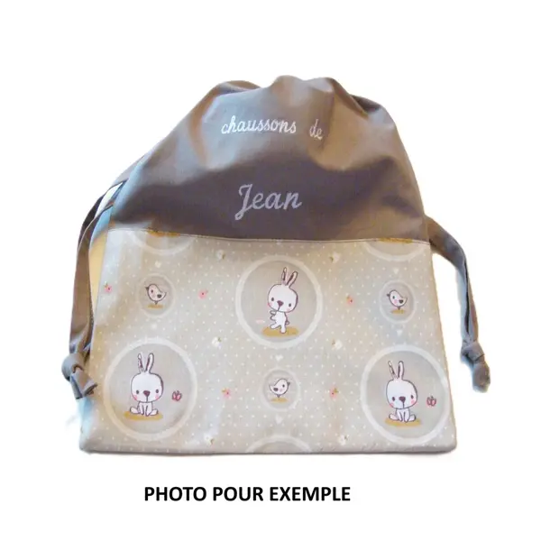 Sac à chaussons personnalisé, ecole crèche maternelle, coton taupe et animaux des bois, pochon enfant fille garçon