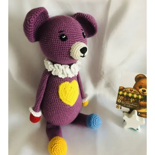 Doudou ours violet au crochet, peluche bébé en coton bio fait main les doudous de ghis