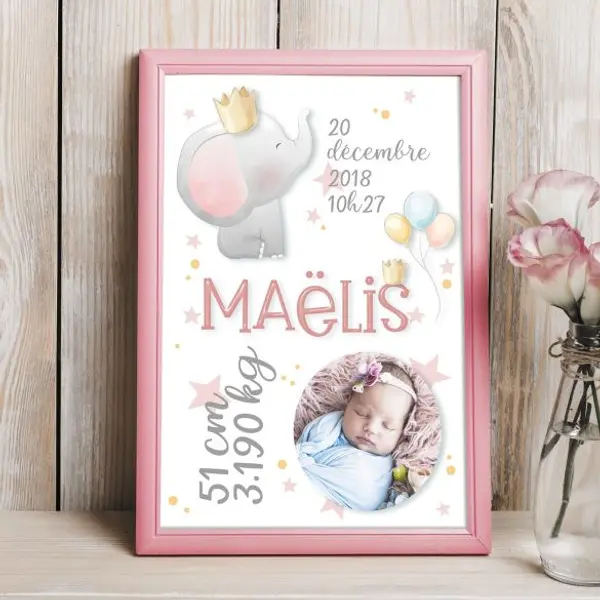 Affiche de naissance personnalisée Eléphant rose
