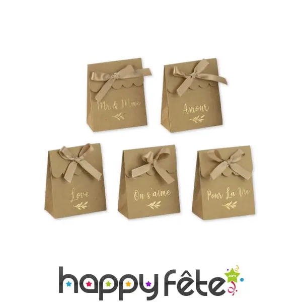 10 boites en kraft avec mot de mariage doré, 7cm