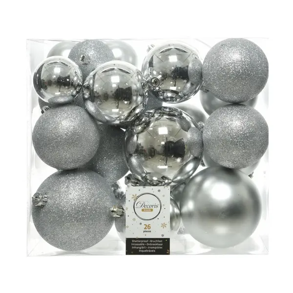 26 Boules de Noël classiques argent plastique