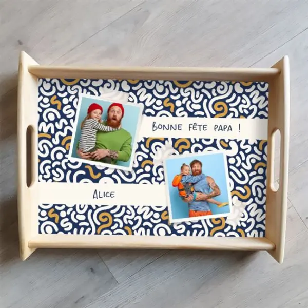 Grand plateau bois personnalisé avec photos et textes à offrir - Bonne fête Papa