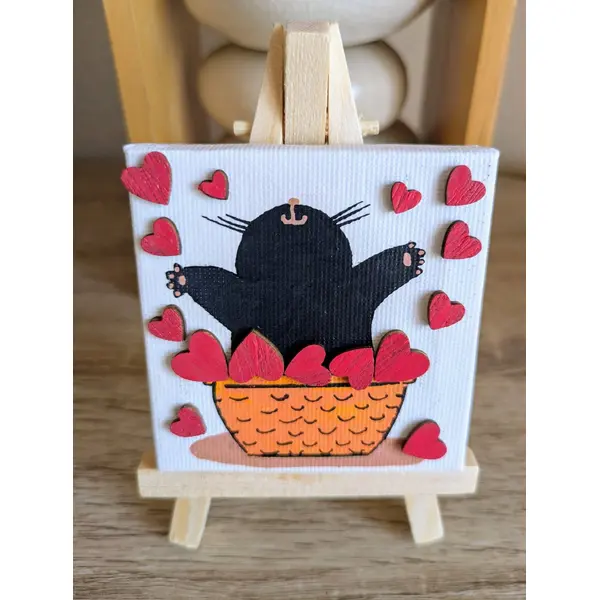 Mini toile sur chevalet en bois chat noir d'amour de cœur
