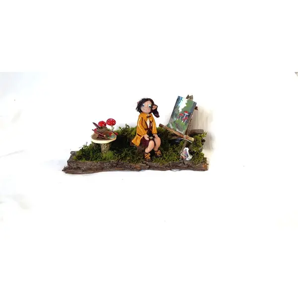 Lutin fimo fait main, figurine féerique artisanale, scène forêt magique, décoration elfique unique