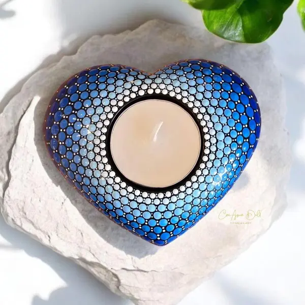 Bougeoir cœur mandala bleu en plâtre résine – peint à la main