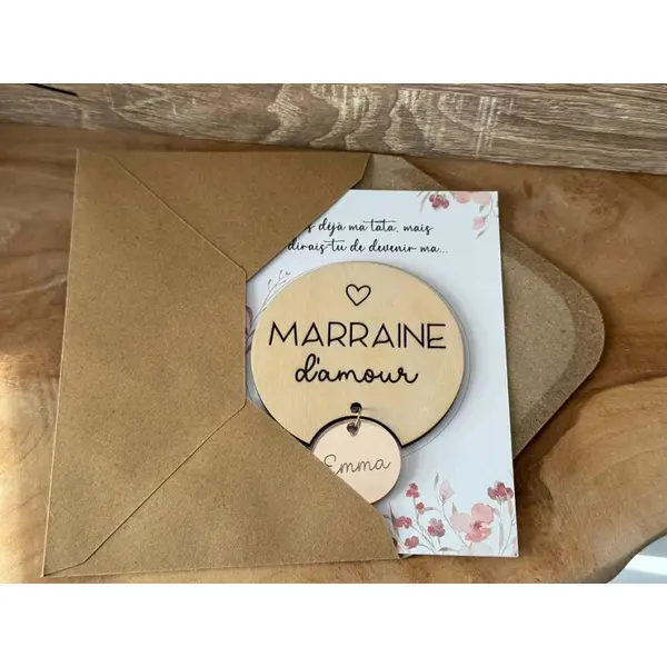 Magnet en bois avec pendentif personnalisé - demande surprise parrain marraine - annonce grossesse - cadeau baptême communion