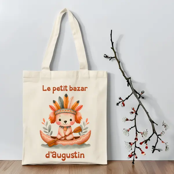 Tote bag enfant personnalisé – animaux indiens – sac maternelle avec prénom