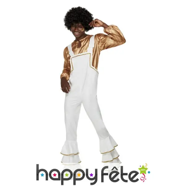 Salopette blanche disco et chemise dorée, adulte