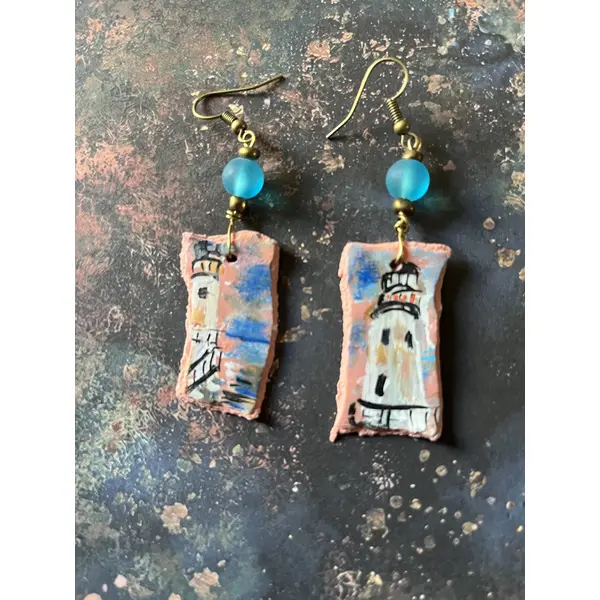 Le phare , boucles d’oreilles mini tableaux, création artisanale unique
