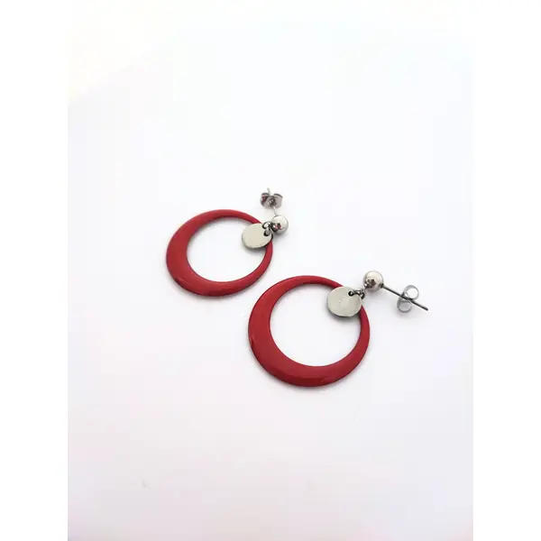 Boucles d’oreilles en acier inoxydable, anneaux émaillés rouge foncé
