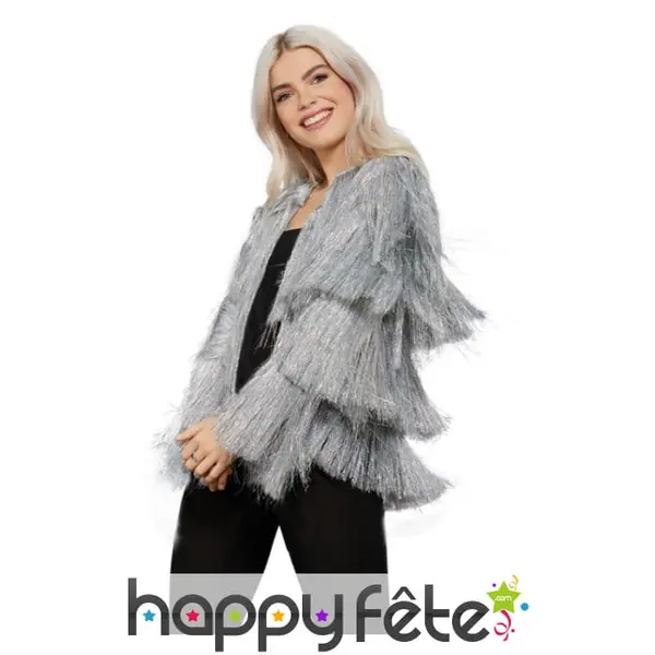 Veste disco argentée à franges pour femme