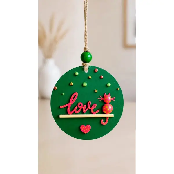 Boule plate en bois love chat rose