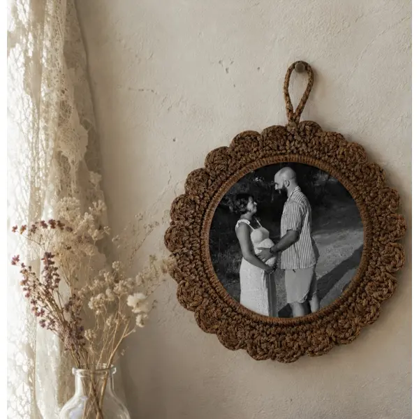 Cadre photo au crochet personnalisé — décoration murale vintage en coton et tissu