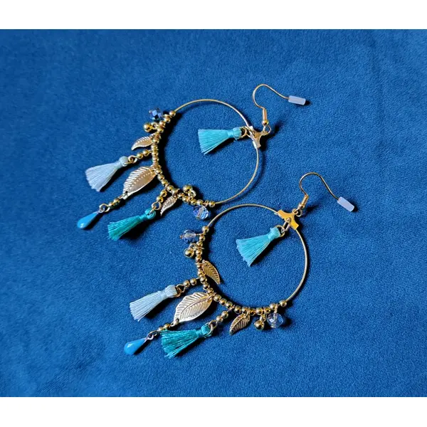 Boucle d'oreille ronde, pompons, feuille, goutte bleu émaillé, perles, crochets en métal acier inoxydable doré