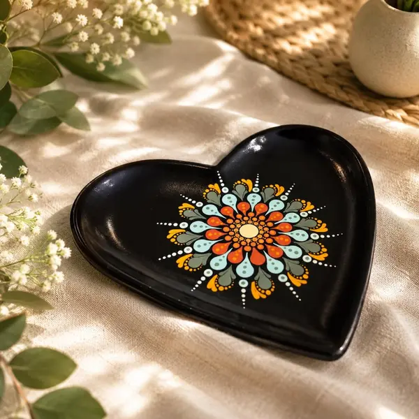 Coupelle cœur noire – mandala orange & vert peint à la main – vide-poche artisanal