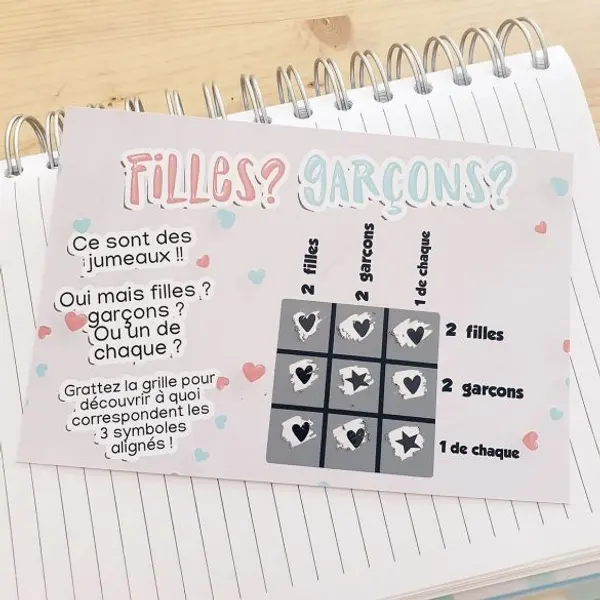 Carte Morpion à gratter pour faire découvrir les sexes des JUMEAUX !|annonce sexe du bebe