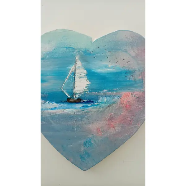 Suspension marine : coeur peint avec voilier - 30x29 cm