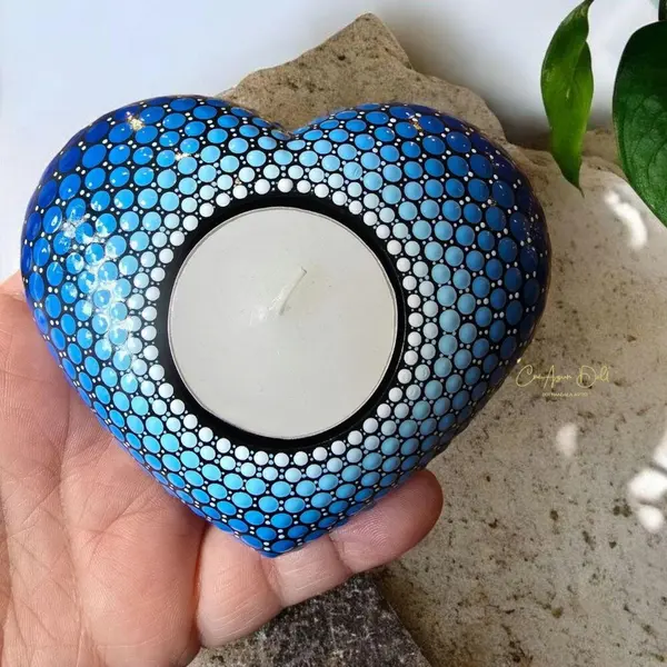Bougeoir cœur mandala bleu en plâtre résine – peint à la main