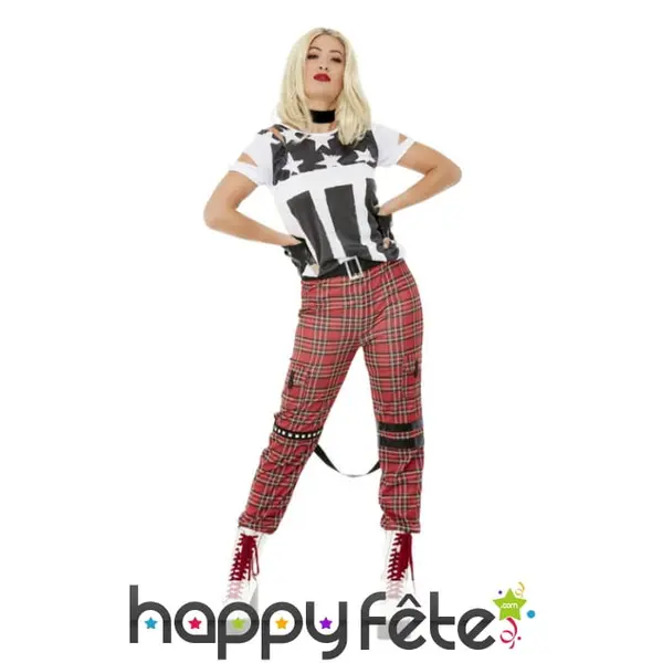 Tenue de rockeuse punk adulte, pantalon écossais