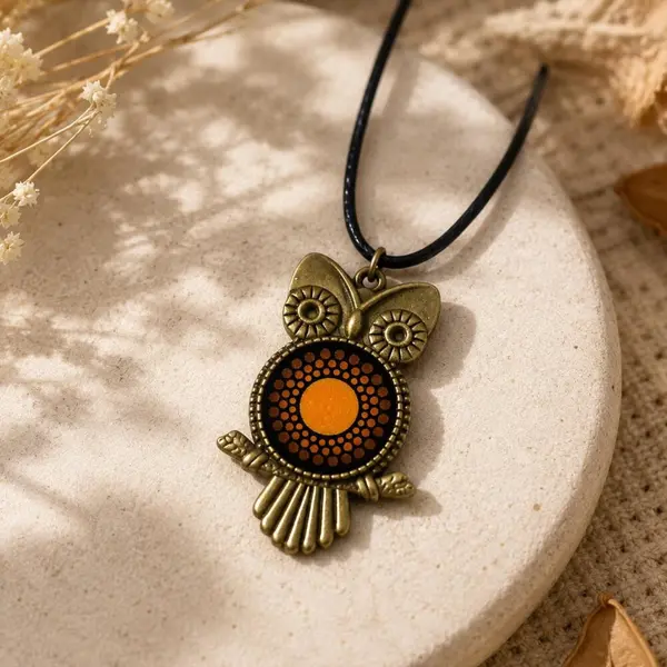 Collier hibou bronze avec mandala peint à la main – bijou artisanal