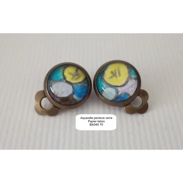 Clips d'oreilles pop art bleu jaune violet blanc,base laiton bronze,aquarelle originale,fait mains en france,cadeau fete anniversaire noel